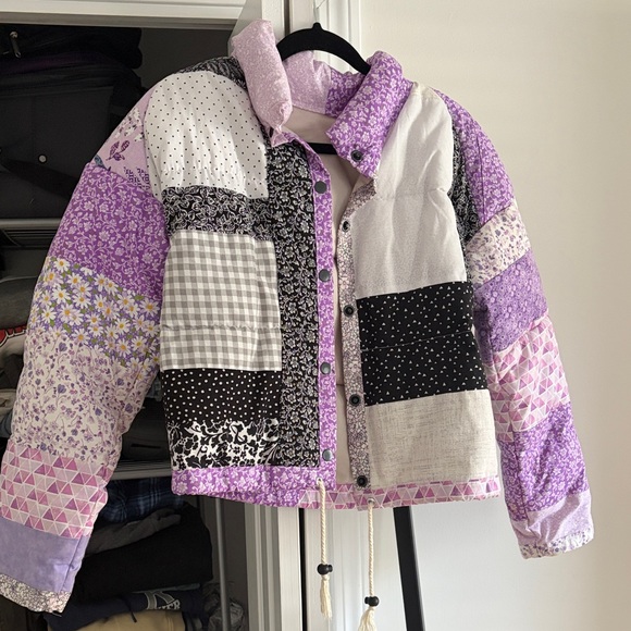 Women's Patchwork Puffer Jacket - Purple and Black